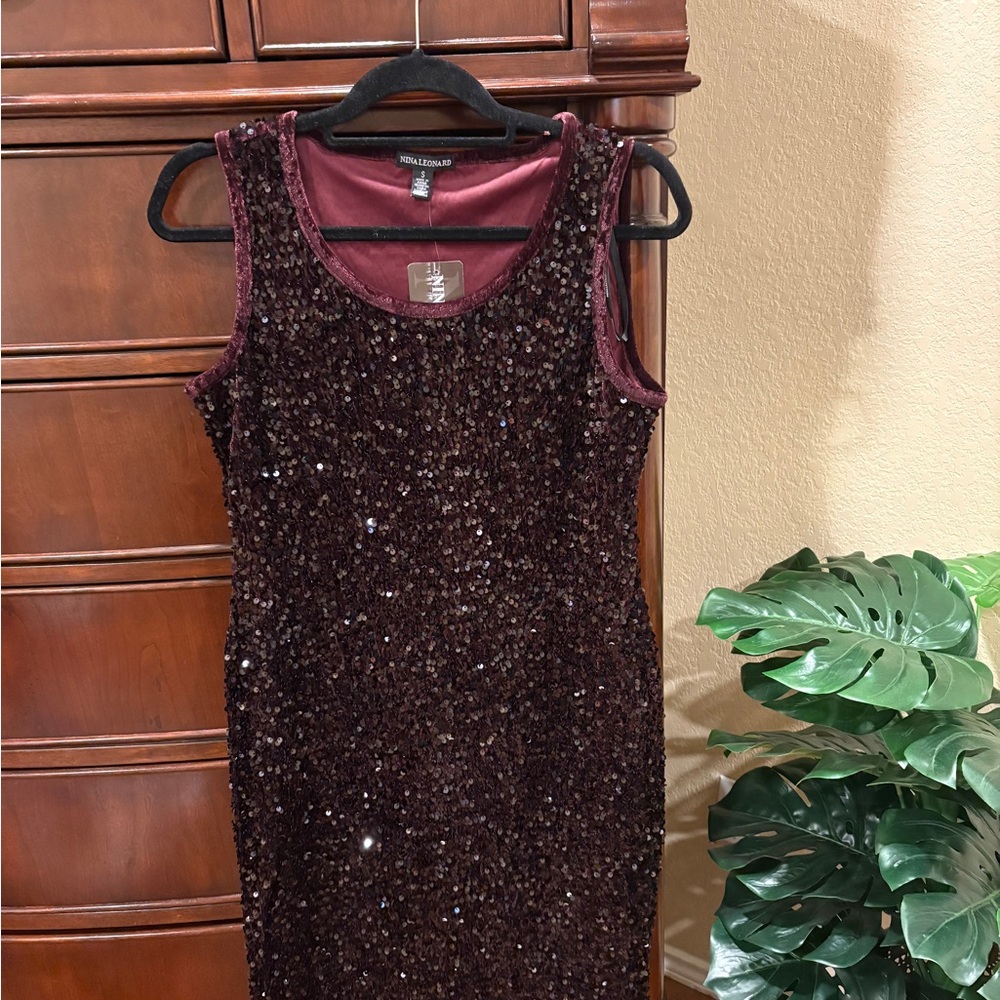 Nina Leonard Burgundy Sequin Mini Dress